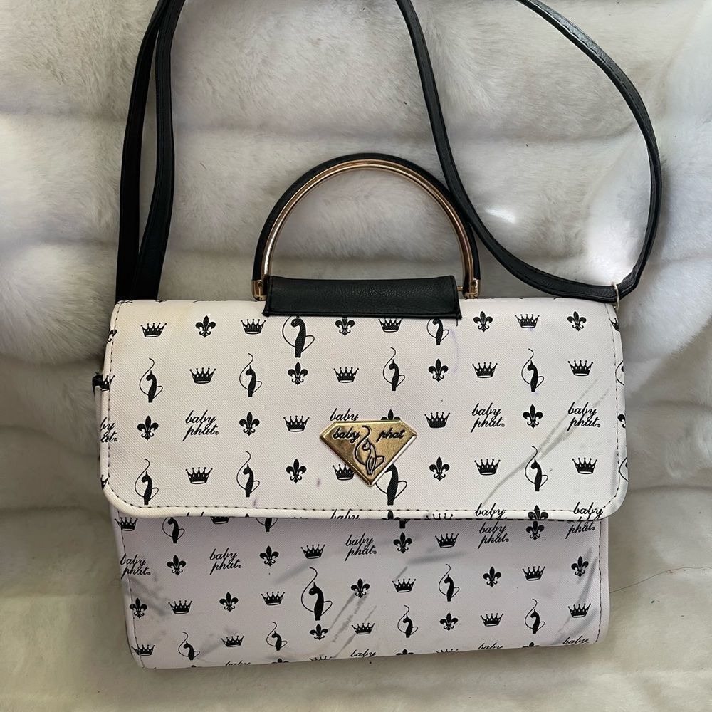 Baby Phat black and white logo satchel/shoulder bag with gold tone accent.